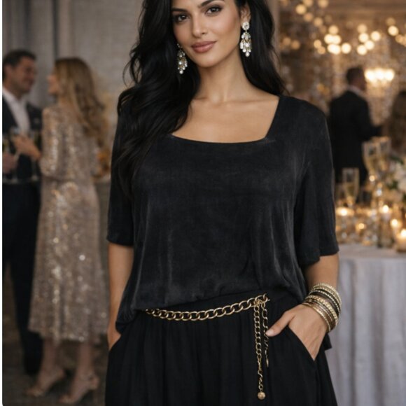 Jonden Tops - Jonden by Linda Stead Black Top 2X Washed Acetate Lyocell Square Neck Minimalist